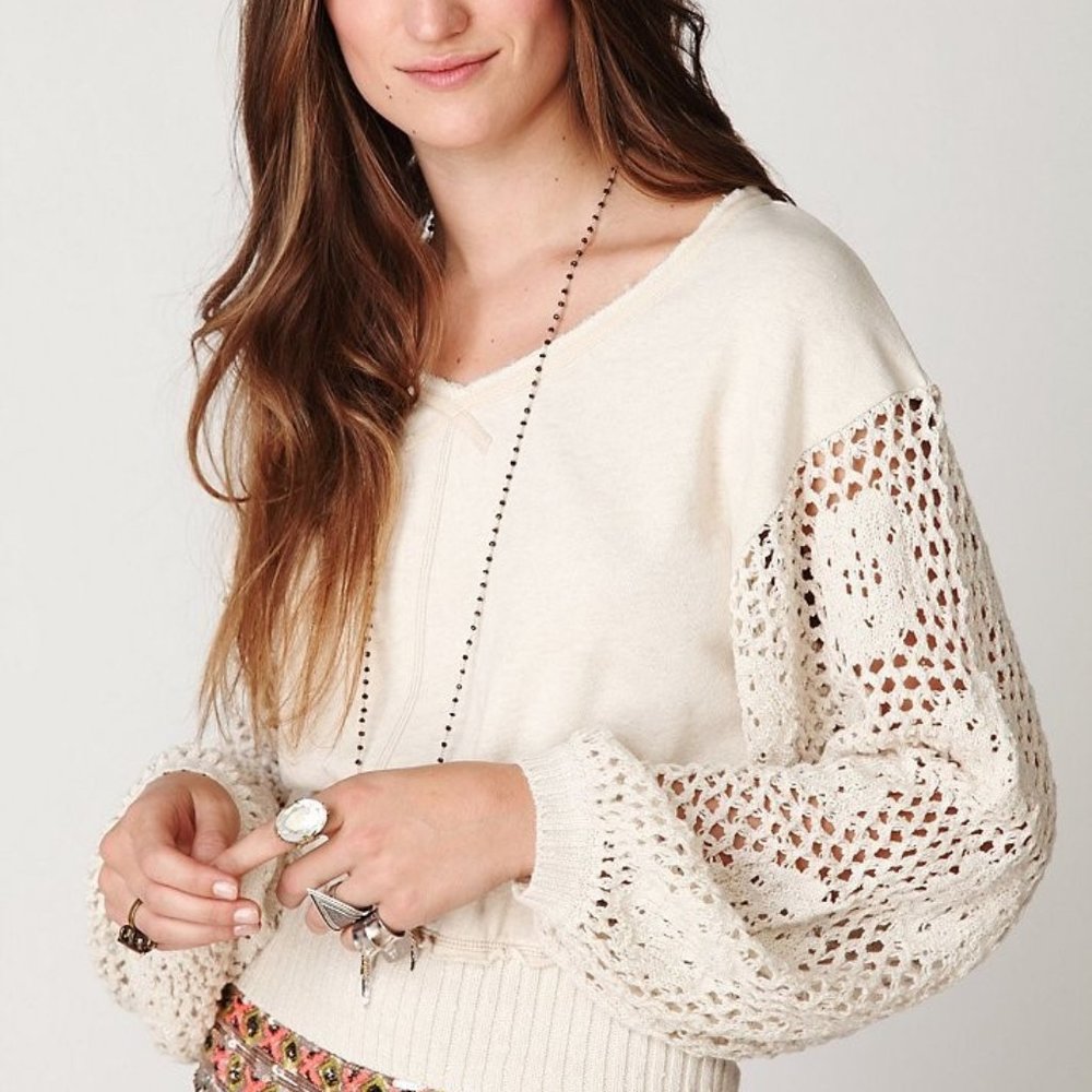 Free People Crochet Sleeve Pullover Sweater